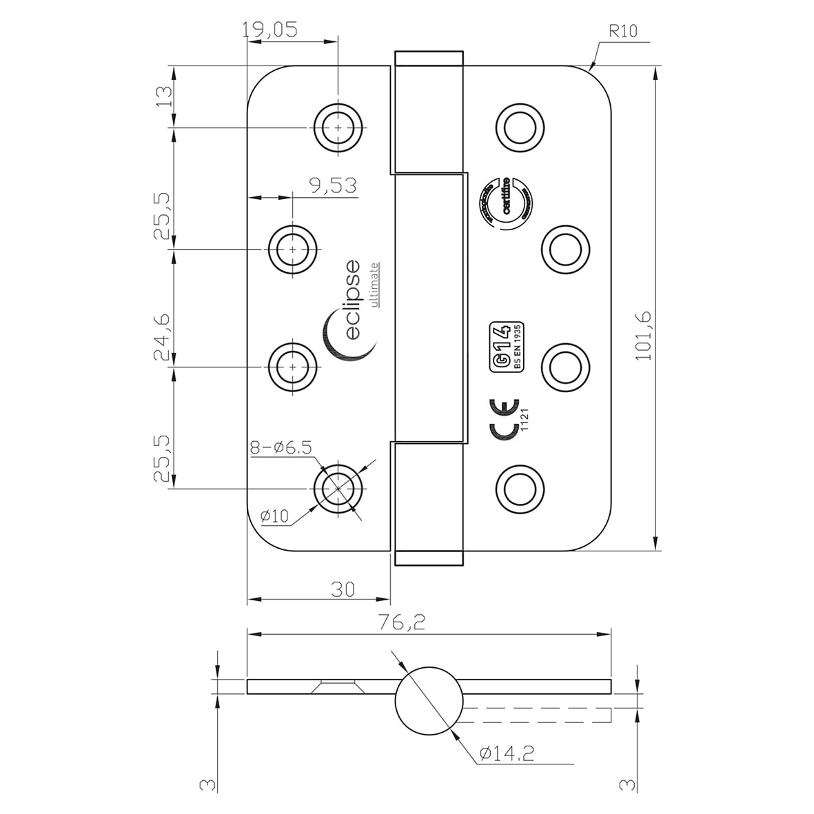 Radius Concealed Bearing Grade 14 Fire Door Hinge - 102 x 76 x 3mm - Sat Stainless - Pair - view 2