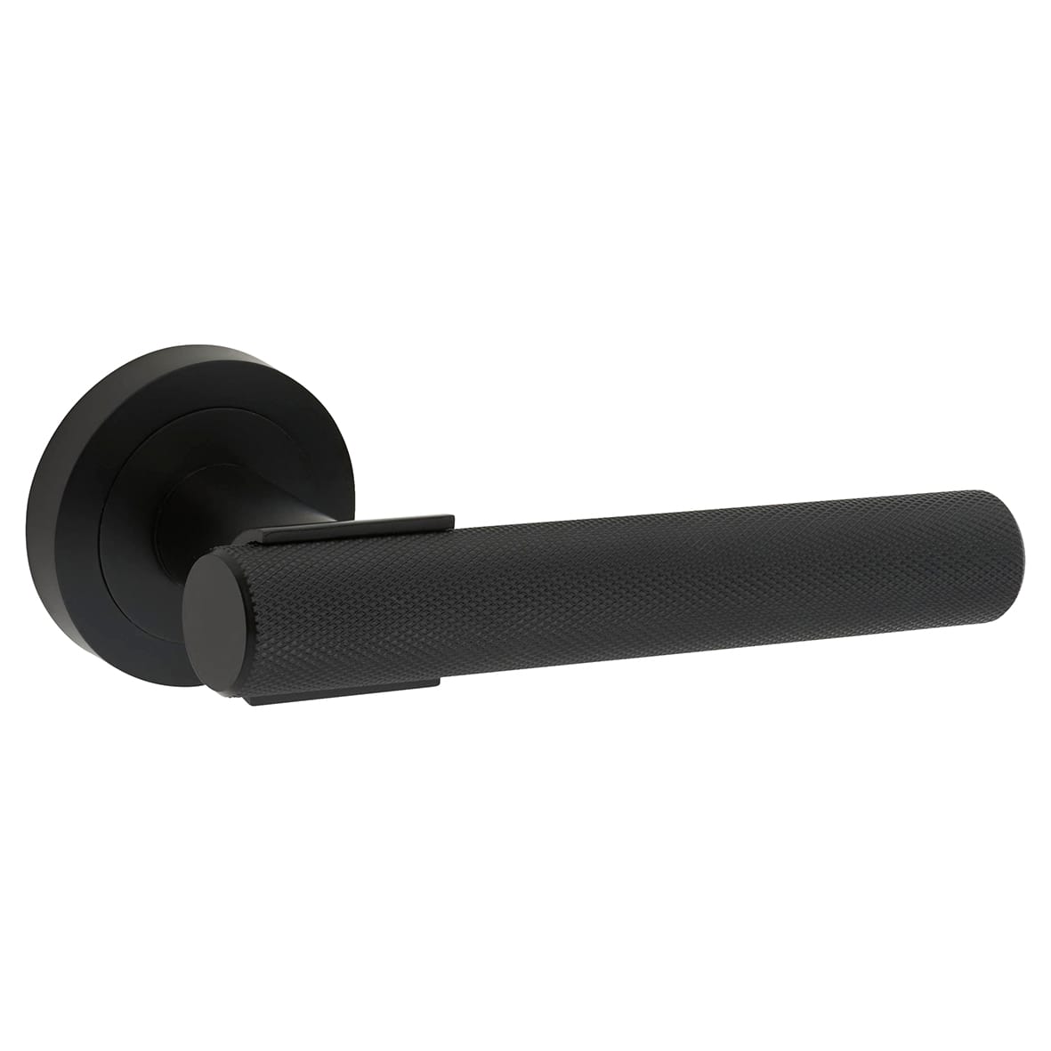 Matt Black Knurled Door Handles on Round Rose - Orla Range - view 2