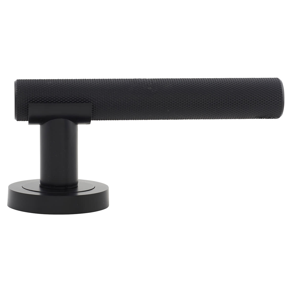 Matt Black Knurled Door Handles on Round Rose - Orla Range - view 3