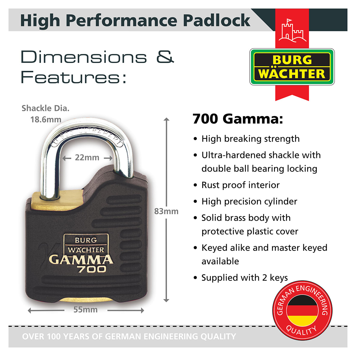 Brass Gamma Padlock - 55mm Body - 22 x 26mm Shackle - Keyed Alike - Pack of 3 - view 3