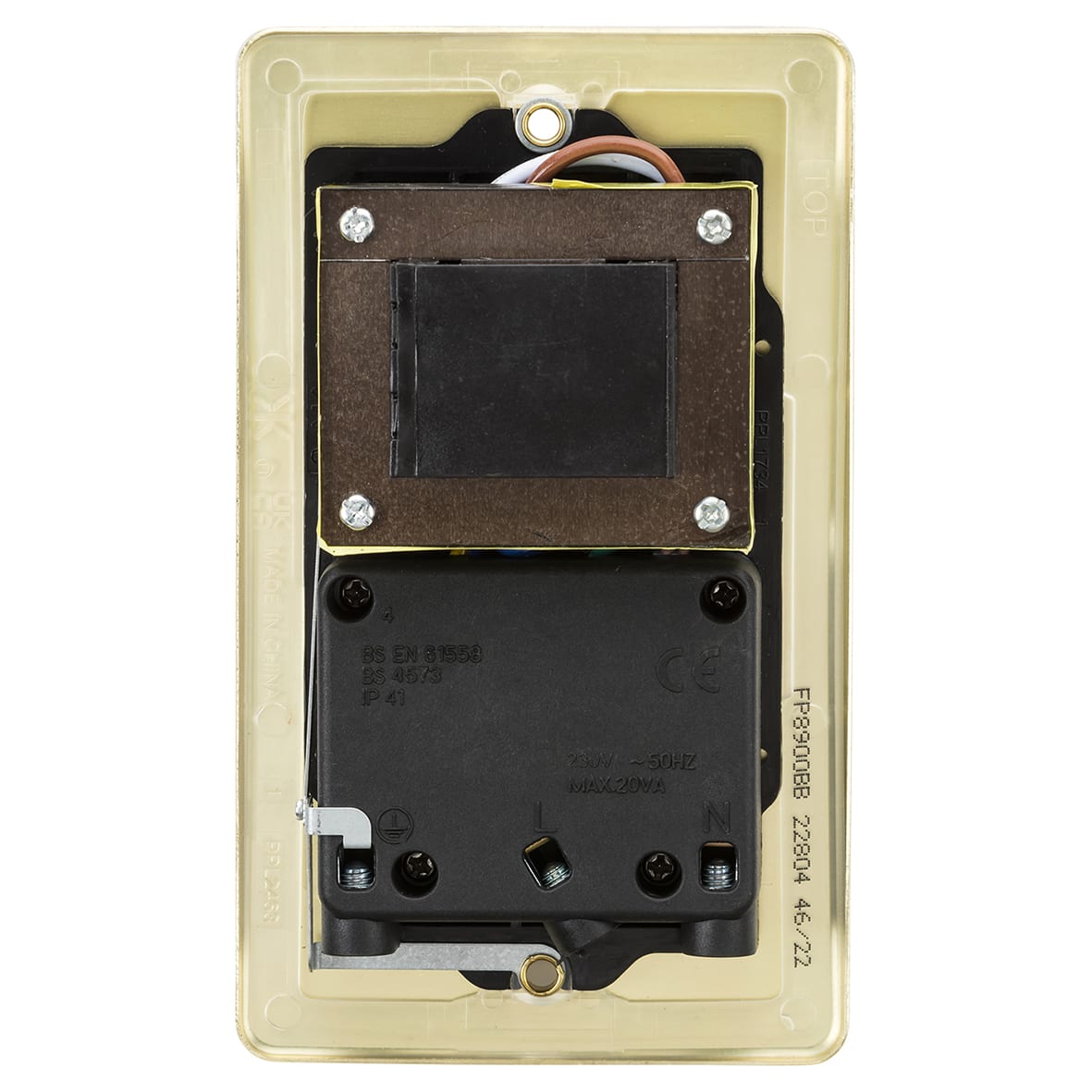 115/230V Flat Plate Dual Voltage Shaver Socket - Brushed Brass with Black Insert - view 4