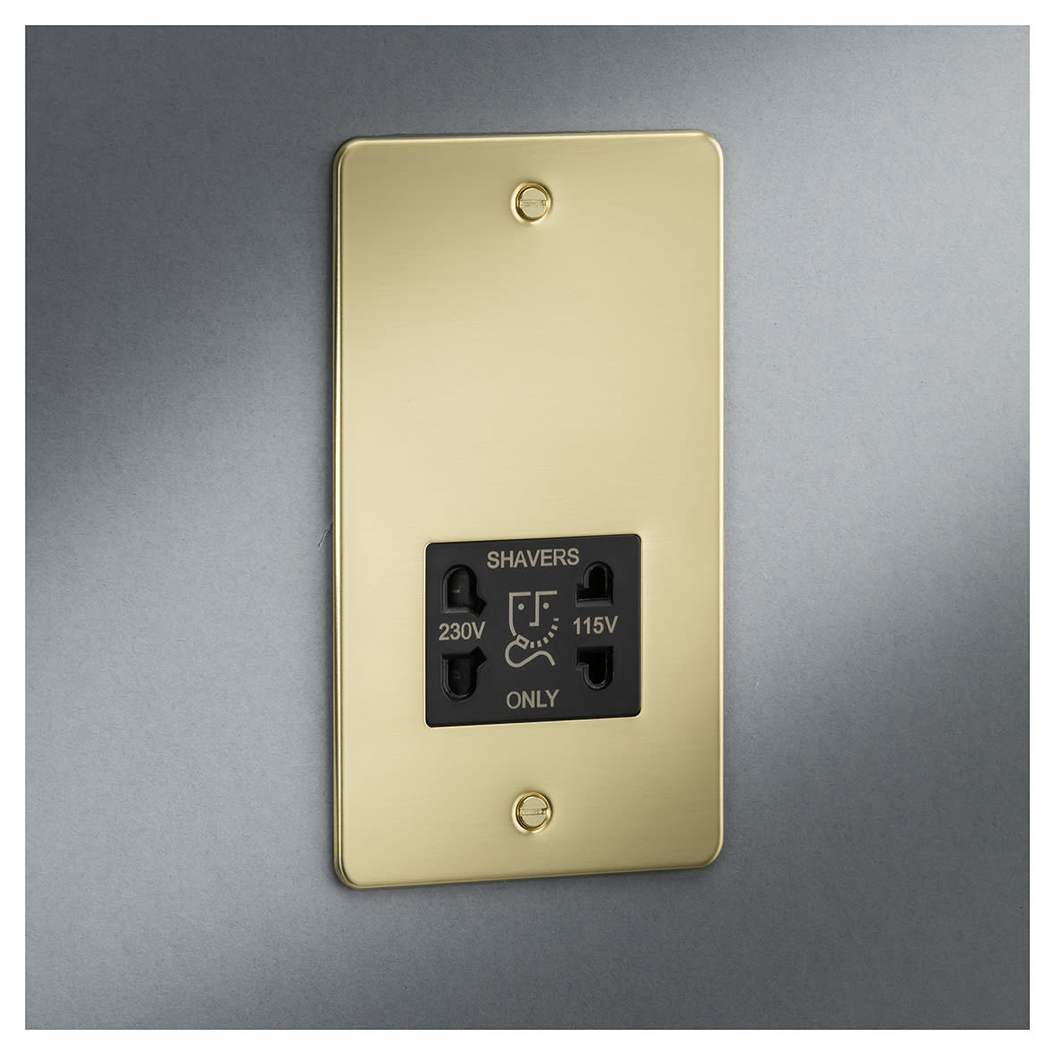 115/230V Flat Plate Dual Voltage Shaver Socket - Brushed Brass with Black Insert - view 5