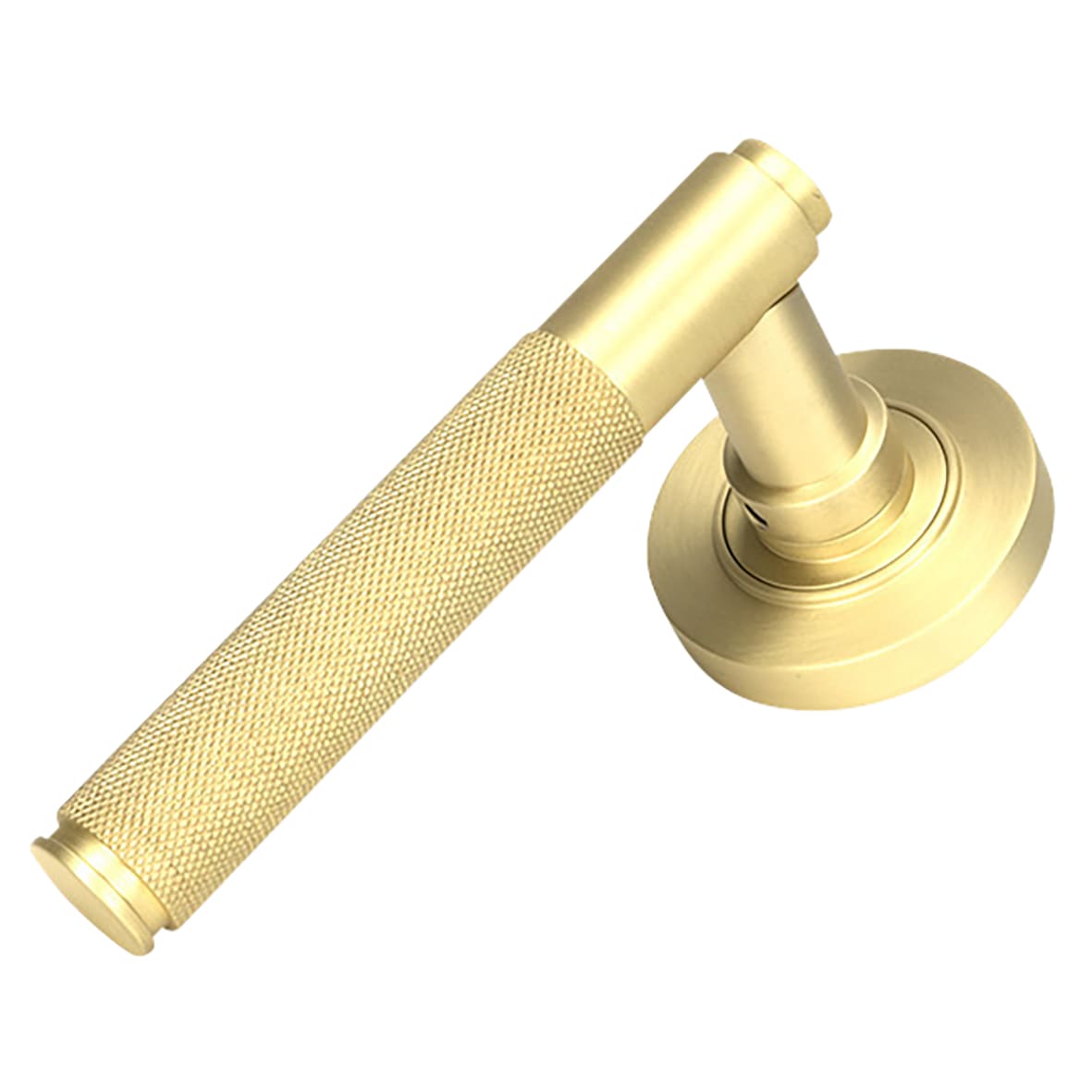 Satin Brass Knurled Door Handles on Round Rose - Brompton Range - view 2