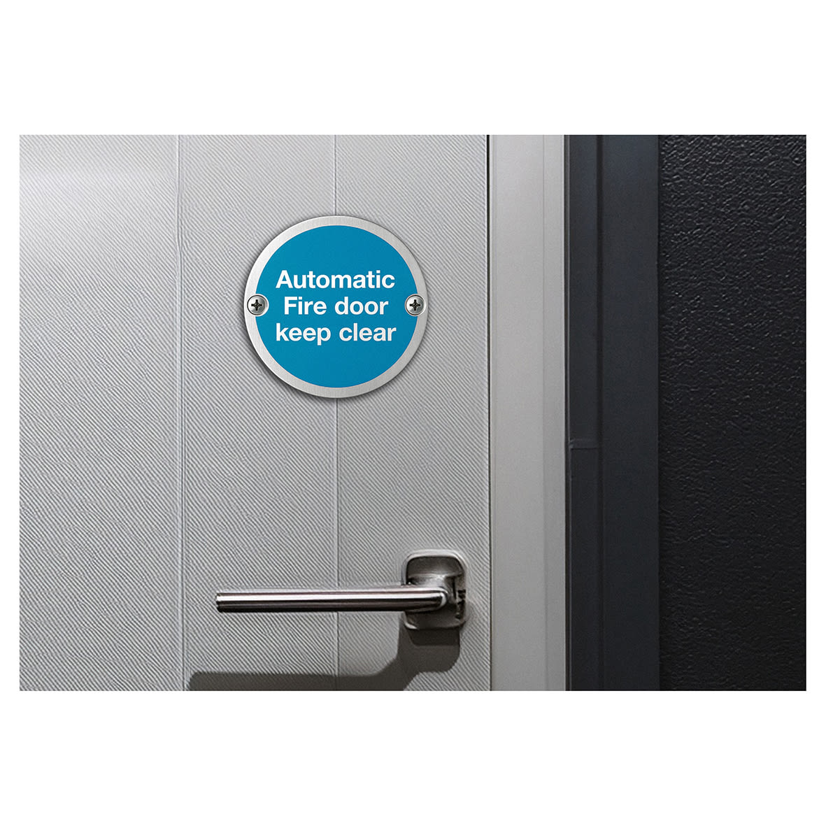 Light Blue Automatic Fire Door Keep Clear Door Sign - 75mm Diameter - Satin Stainless Steel - view 2