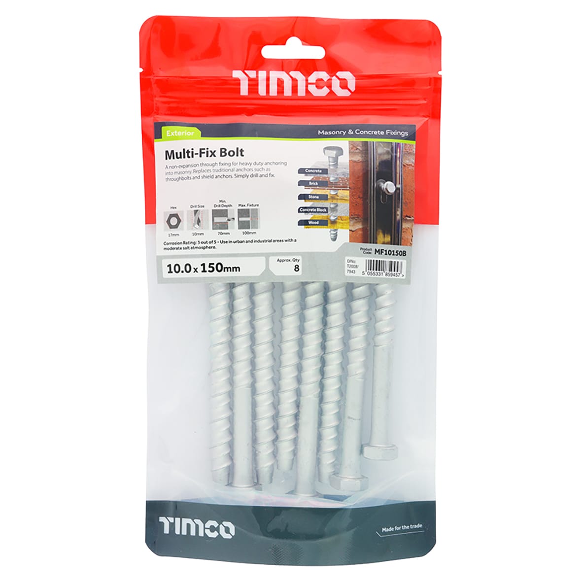 Masonry Bolt - Hex Head - 10 x 150mm - Pack of 8 - view 3