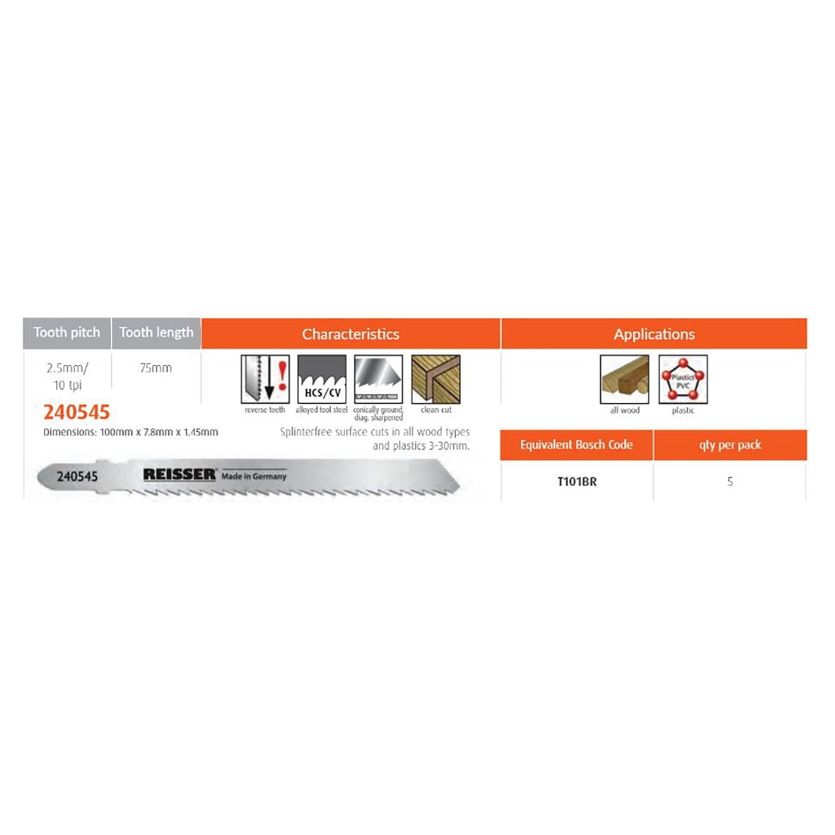 T101BR Jigsaw Blade for Wood - 100 x 7.8 x 1.45mm - 10 TPI - Pack of 5 - view 2