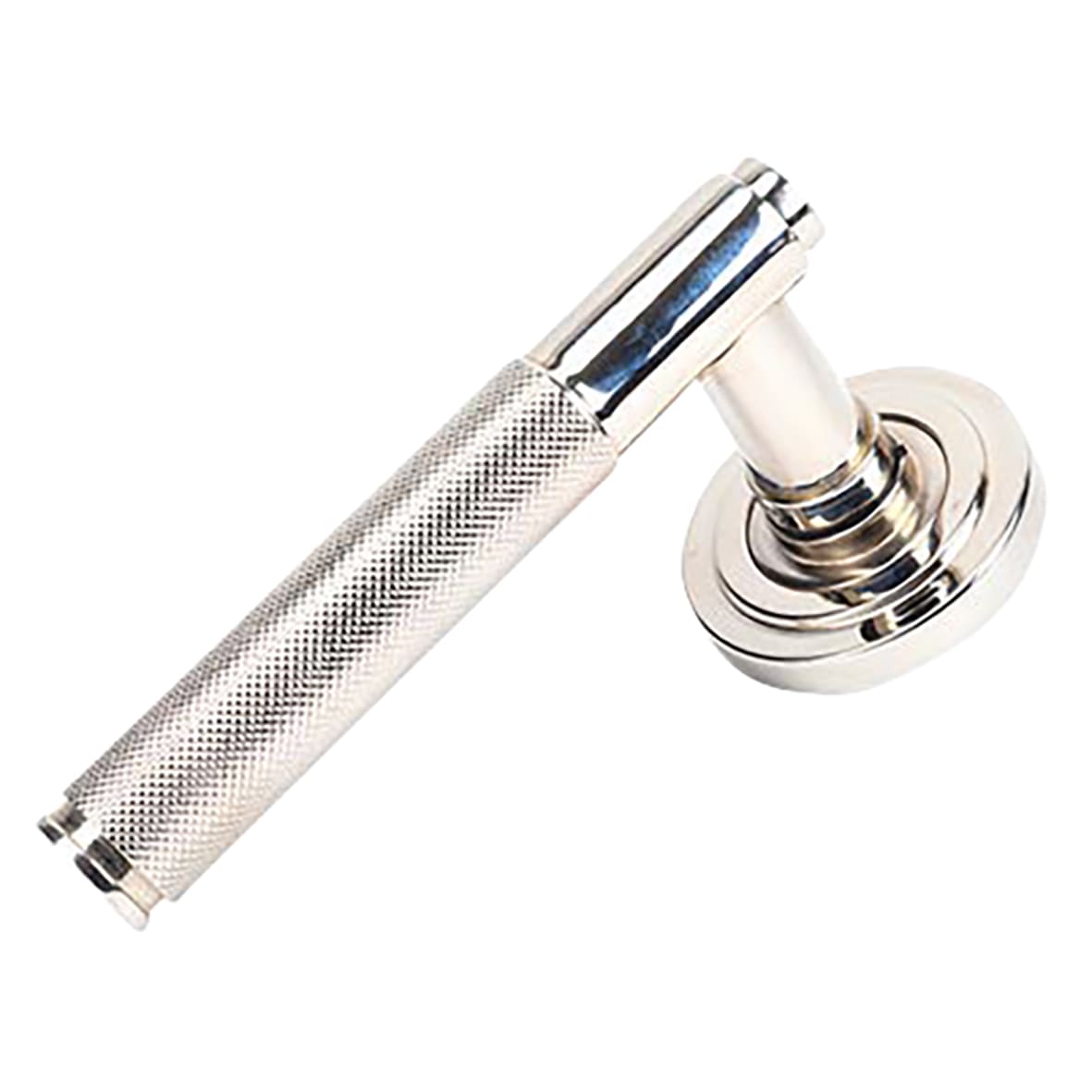 Polished Nickel Knurled Door Handles on Round Art Deco Rose - Brompton Range - view 2