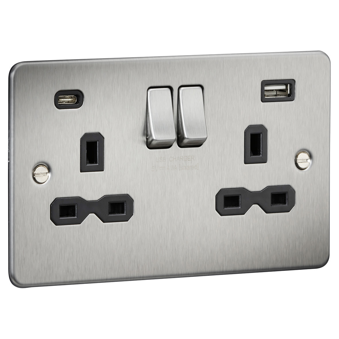 13A 2 Gang Flat Plate Type A/C USB Socket with 2 x USB - 4A - Brushed Chrome/Black - view 2
