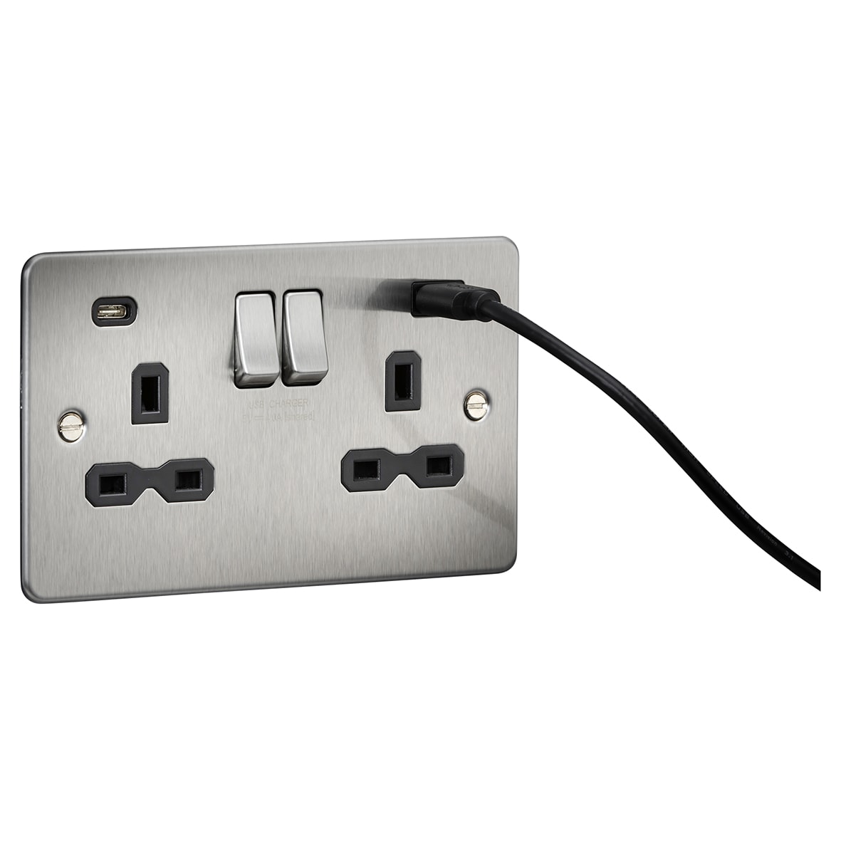 13A 2 Gang Flat Plate Type A/C USB Socket with 2 x USB - 4A - Brushed Chrome/Black - view 3