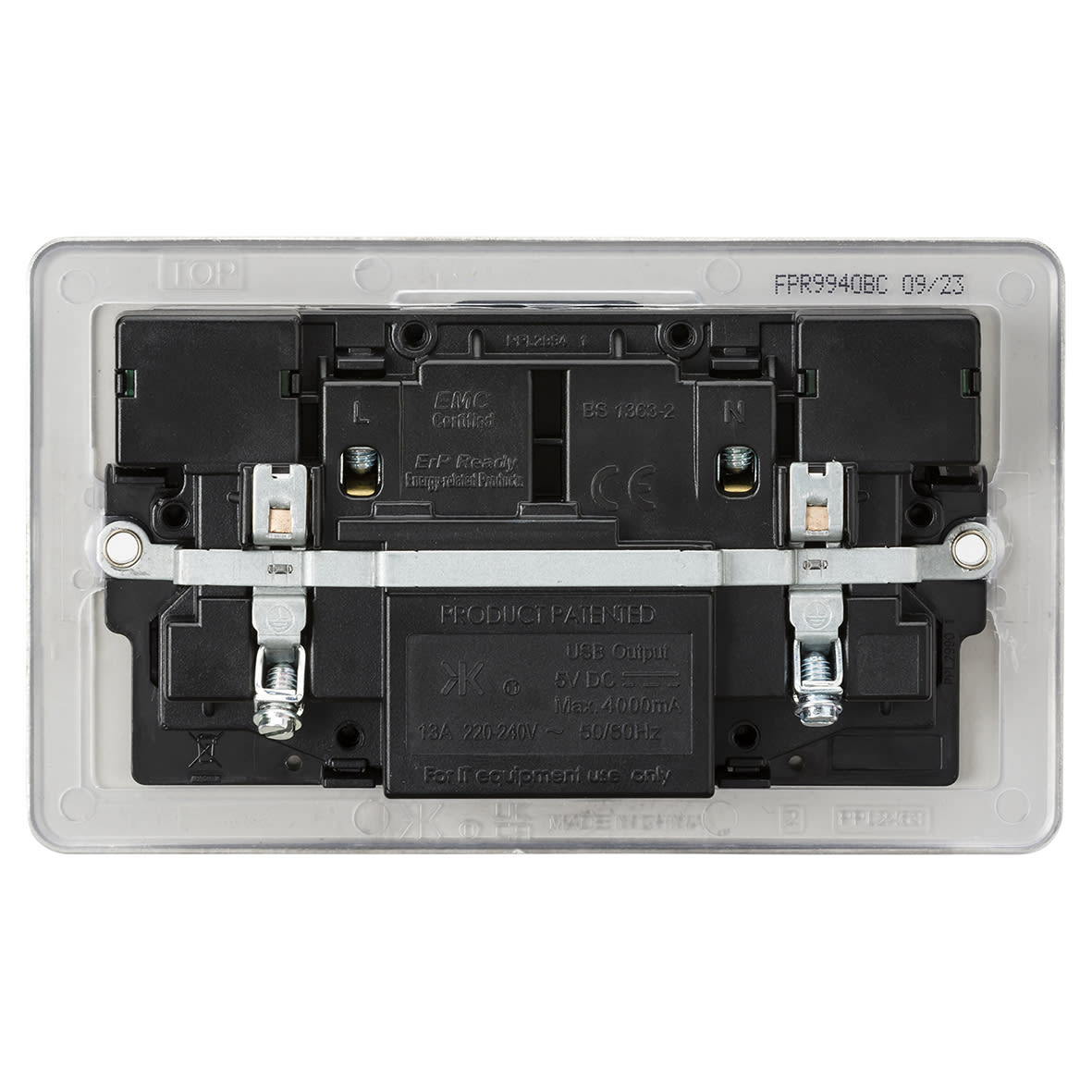 13A 2 Gang Flat Plate Type A/C USB Socket with 2 x USB - 4A - Brushed Chrome/Black - view 5