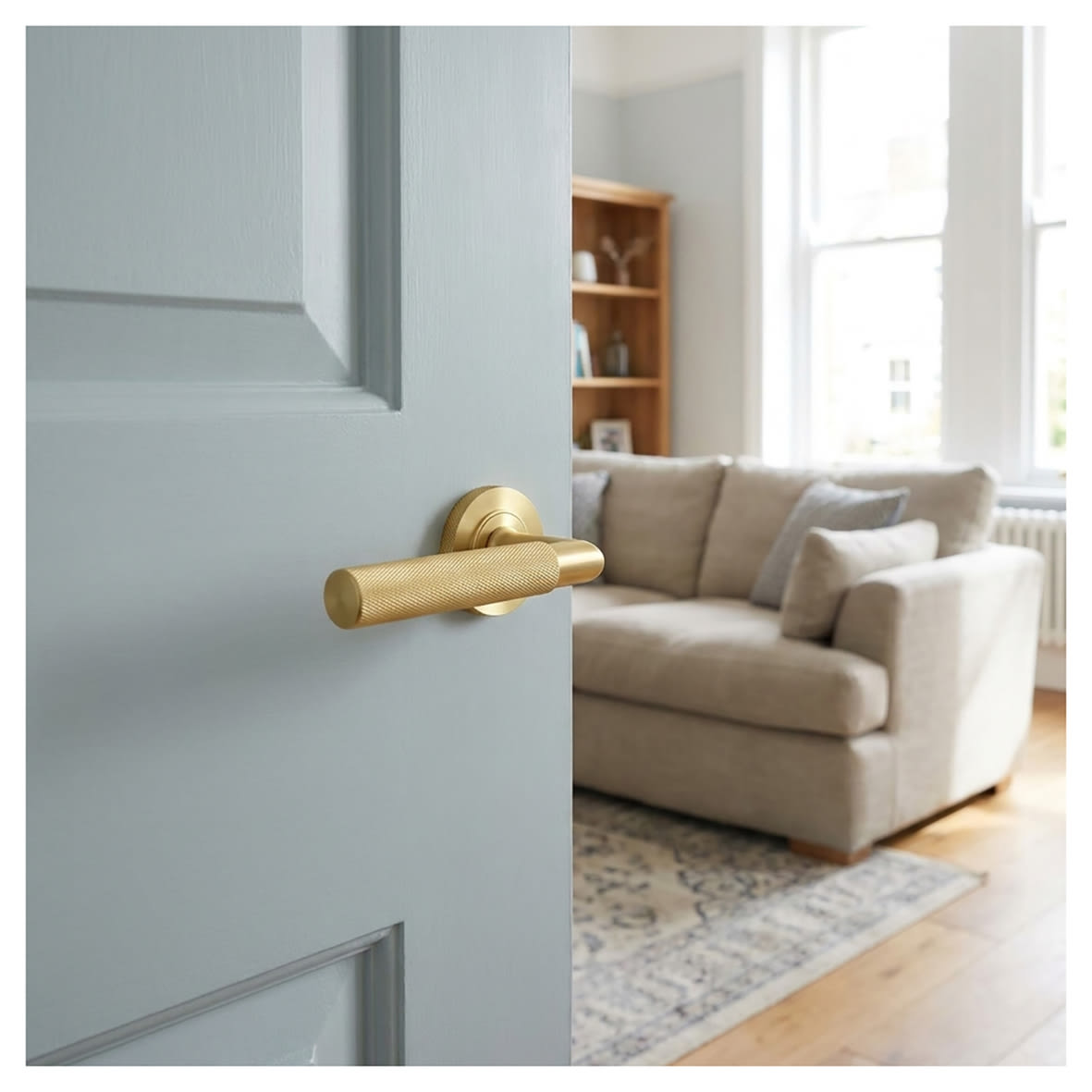 Satin Brass Knurled Fire Rated Door Handles on Round Knurled Rose - Piccadilly Range - view 2