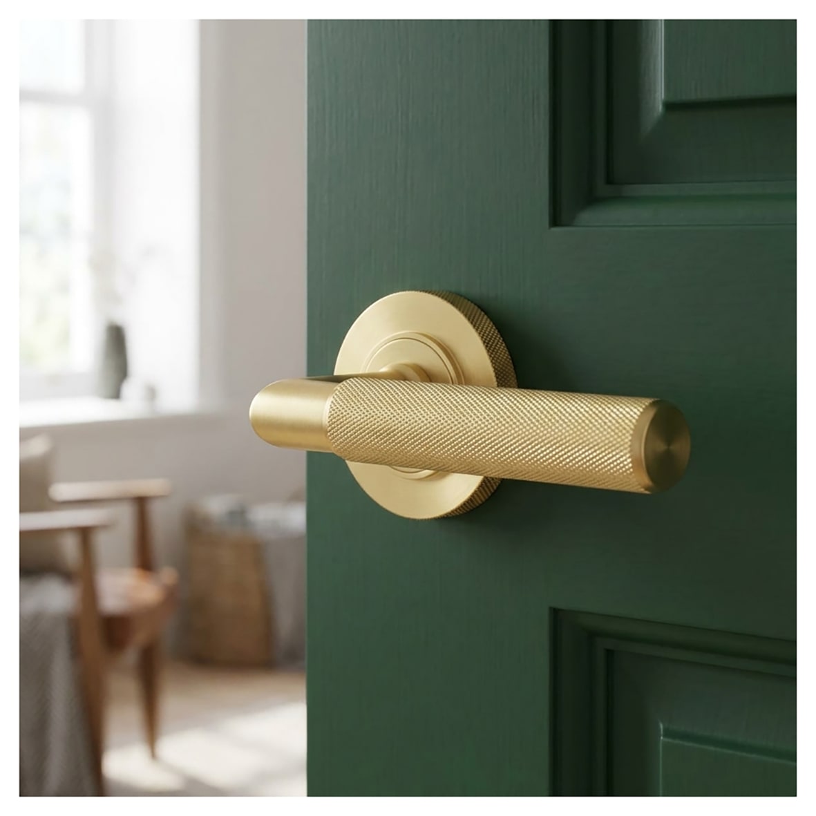 Satin Brass Knurled Fire Rated Door Handles on Round Knurled Rose - Piccadilly Range - view 3