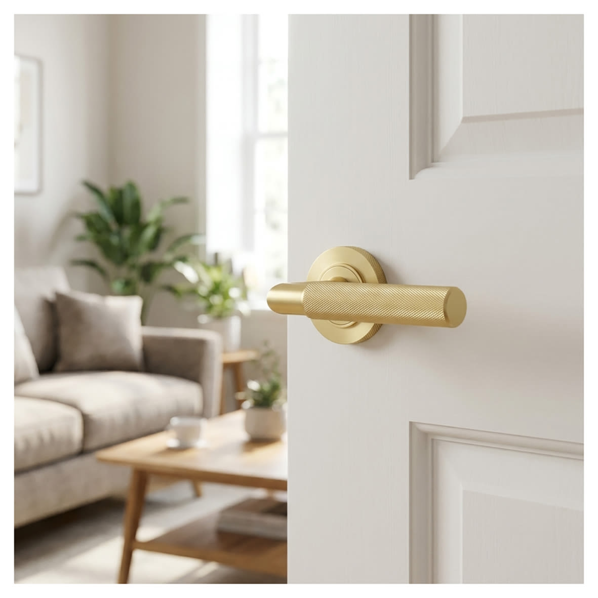 Satin Brass Knurled Fire Rated Door Handles on Round Knurled Rose - Piccadilly Range - view 4
