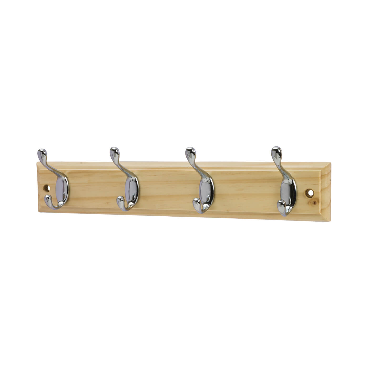 Hat & Coat Hook Rail - 400 x 20 x 71mm - 4 Hooks - Pine Board with Polished Chrome Hooks - view 2