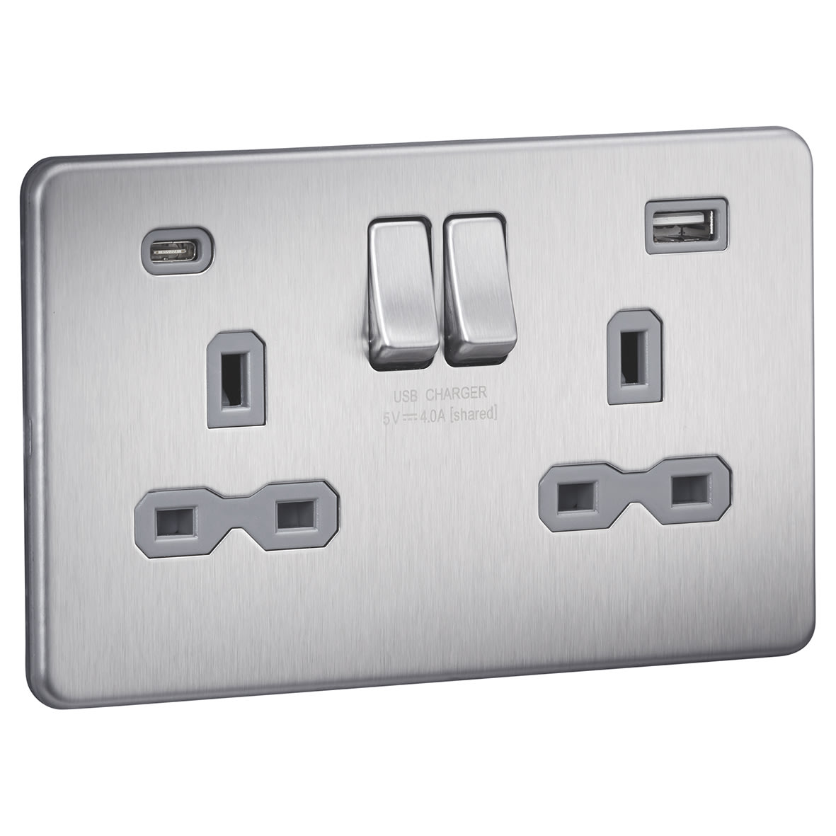 13A 2 Gang Screwless Type A/C USB Socket with 2 x USB - 4A - Brushed Chrome/Grey - view 2
