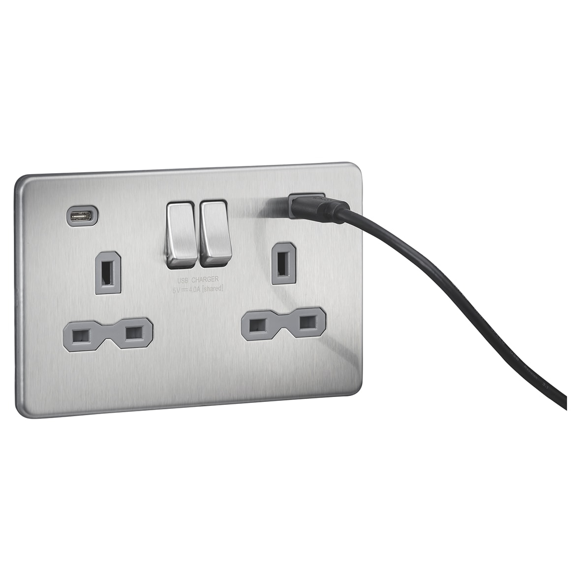 13A 2 Gang Screwless Type A/C USB Socket with 2 x USB - 4A - Brushed Chrome/Grey - view 3
