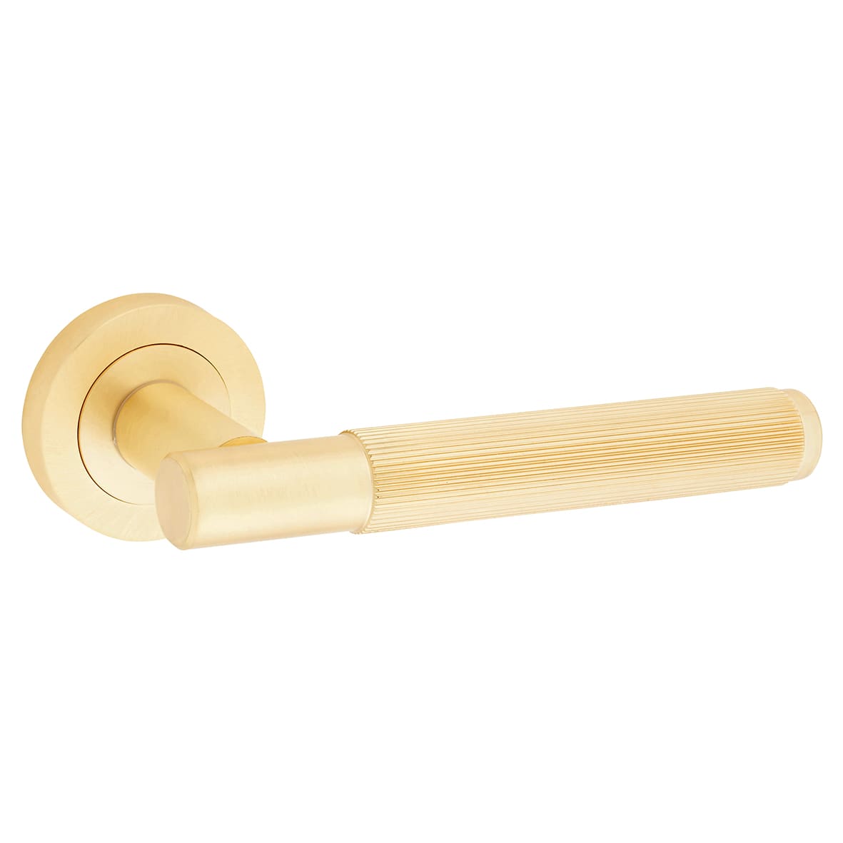 Satin Brass Fire Rated Lines Door Handles on Rose - Venice Range - view 2