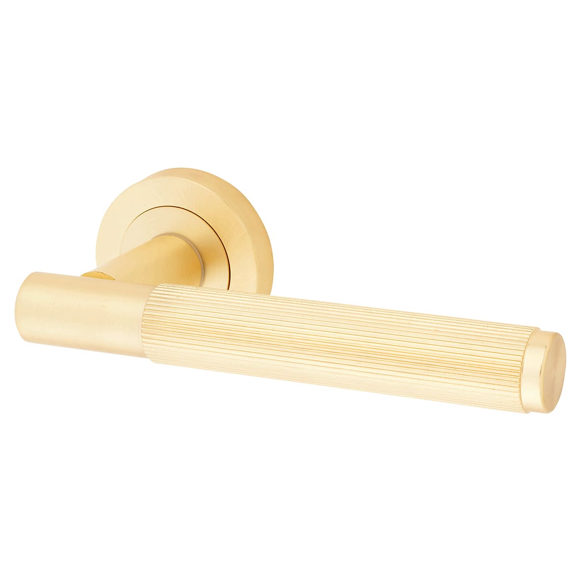 Satin Brass Fire Rated Lines Door Handles on Rose - Venice Range - view 3