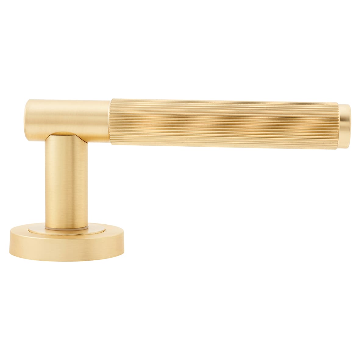 Satin Brass Fire Rated Lines Door Handles on Rose - Venice Range - view 4