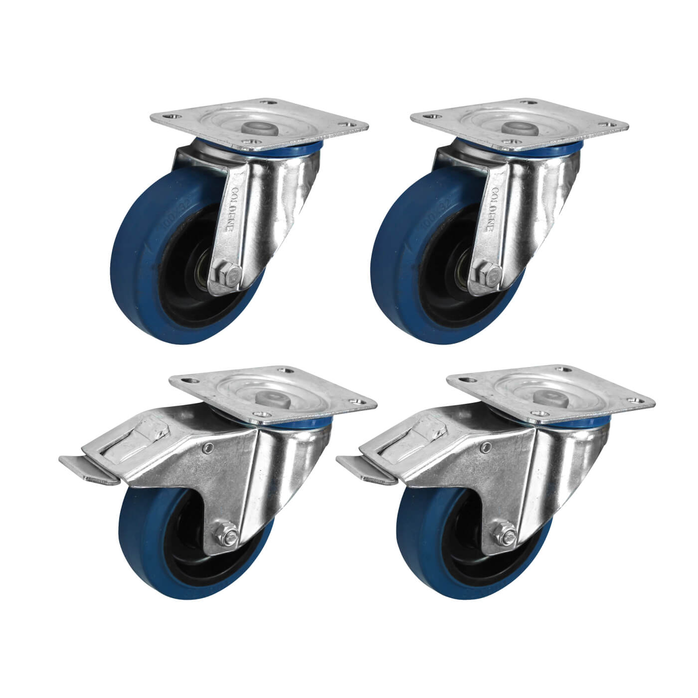 Heavy Duty Castor - 2 x Swivel, 2 x Swivel Braked - 400kg Max - 100mm Dia - Blue - Pack of 4 - view 2