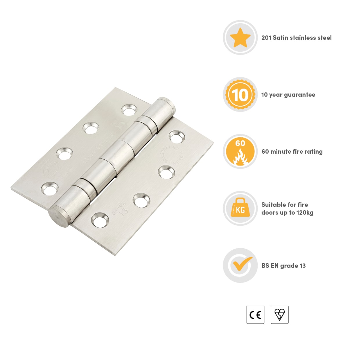 Twin Ball Bearing Grade 13 Butt Fire Door Hinge - 100 x 75 x 3mm - 201 Stainless - Pack of 3 - view 3