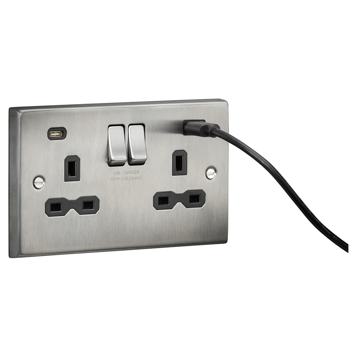 13A 2 Gang Round Edge Type A/C USB Socket with 2 x USB - 4A - Brushed Chrome/Black - view 2