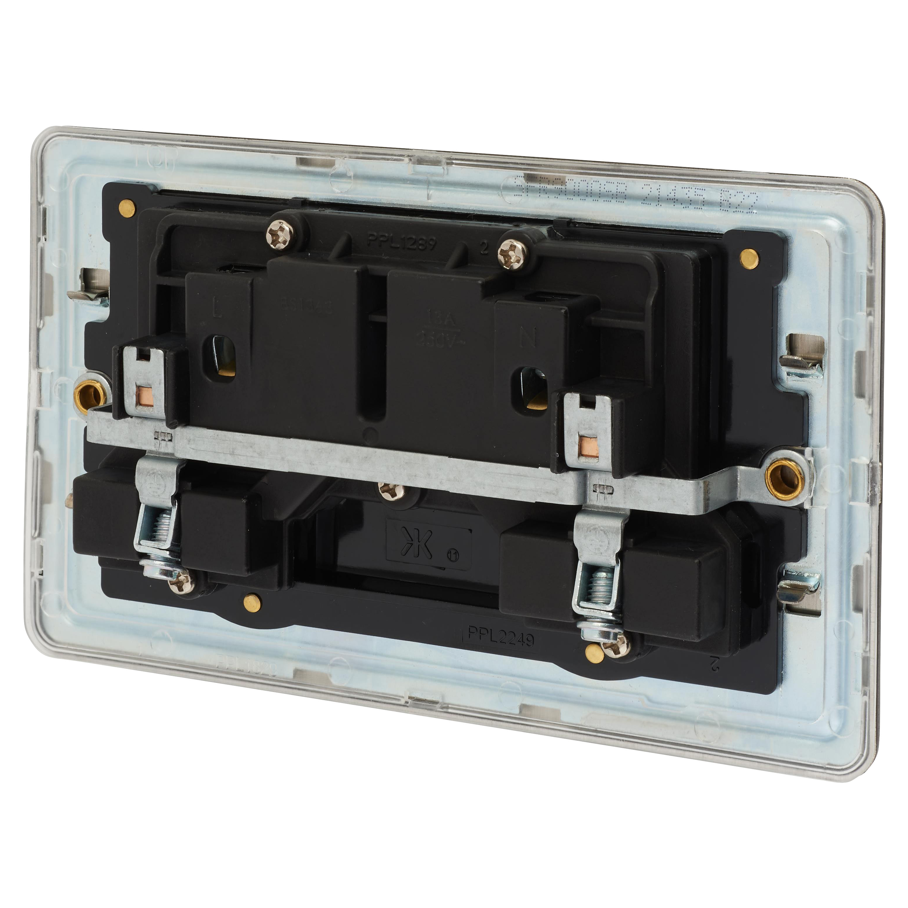 13A 2 Gang Screwless Flat Plate Switched DP Socket - Smoked Bronze/Black Inserts - view 3