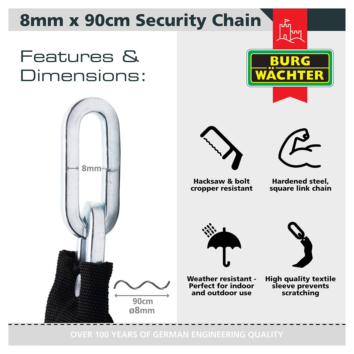 GKM Fabric Sleeve Hardened Square Link Security Chain - 8 x 900mm - Black - view 2