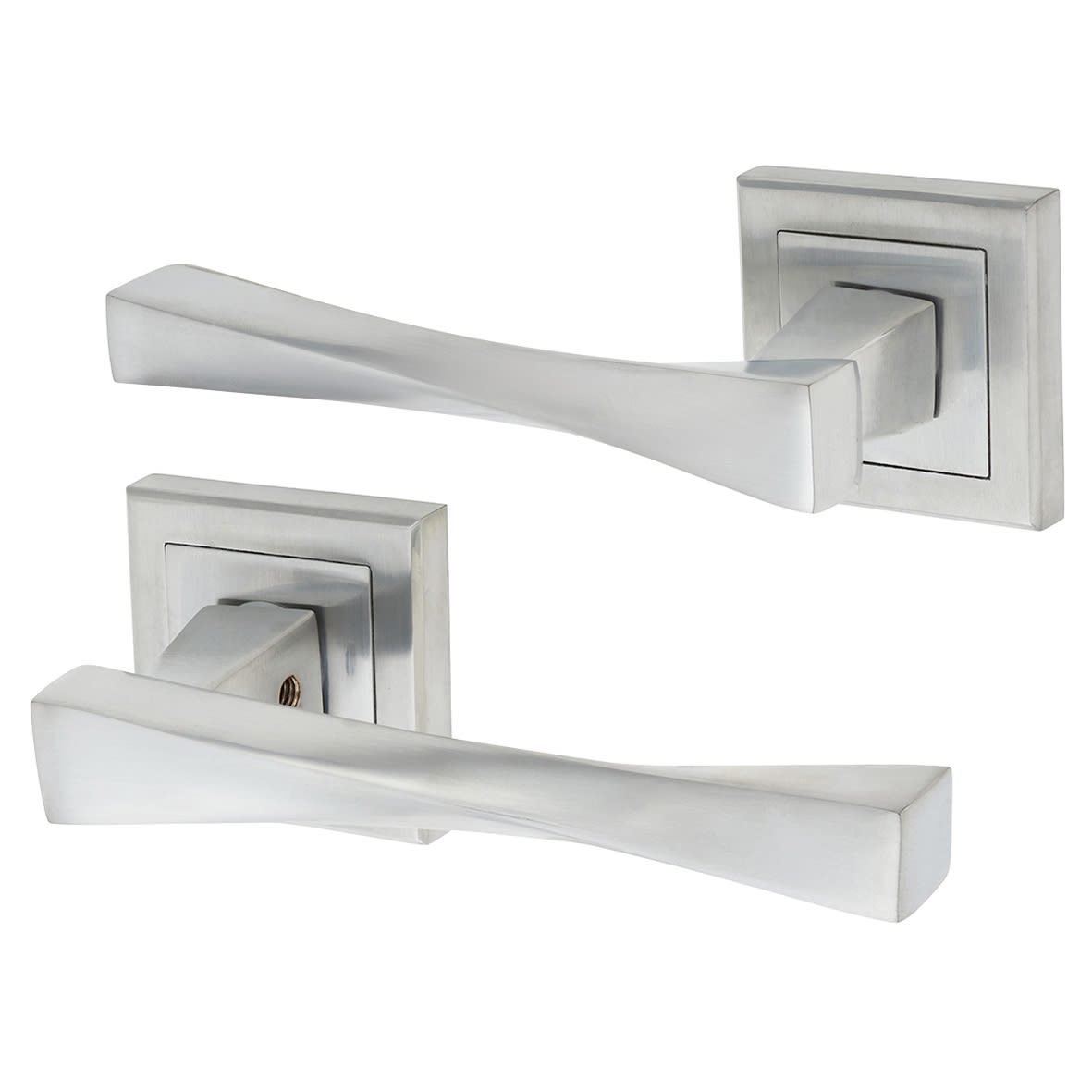Satin Chrome Twist Door Handles on Square Rose - Spirit Range - view 2