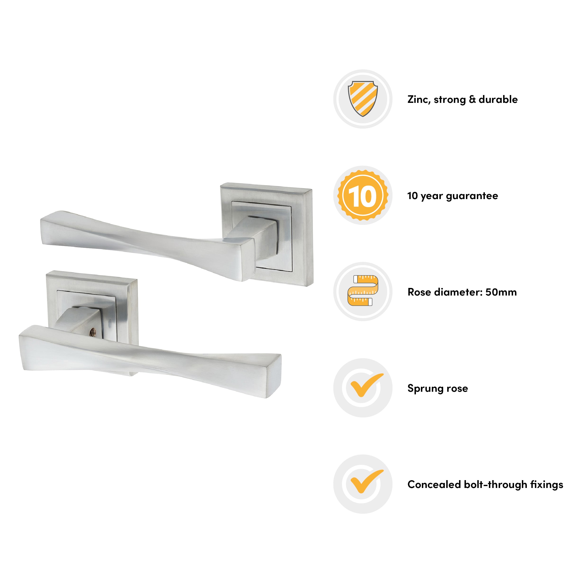 Satin Chrome Twist Door Handles on Square Rose - Spirit Range - view 3
