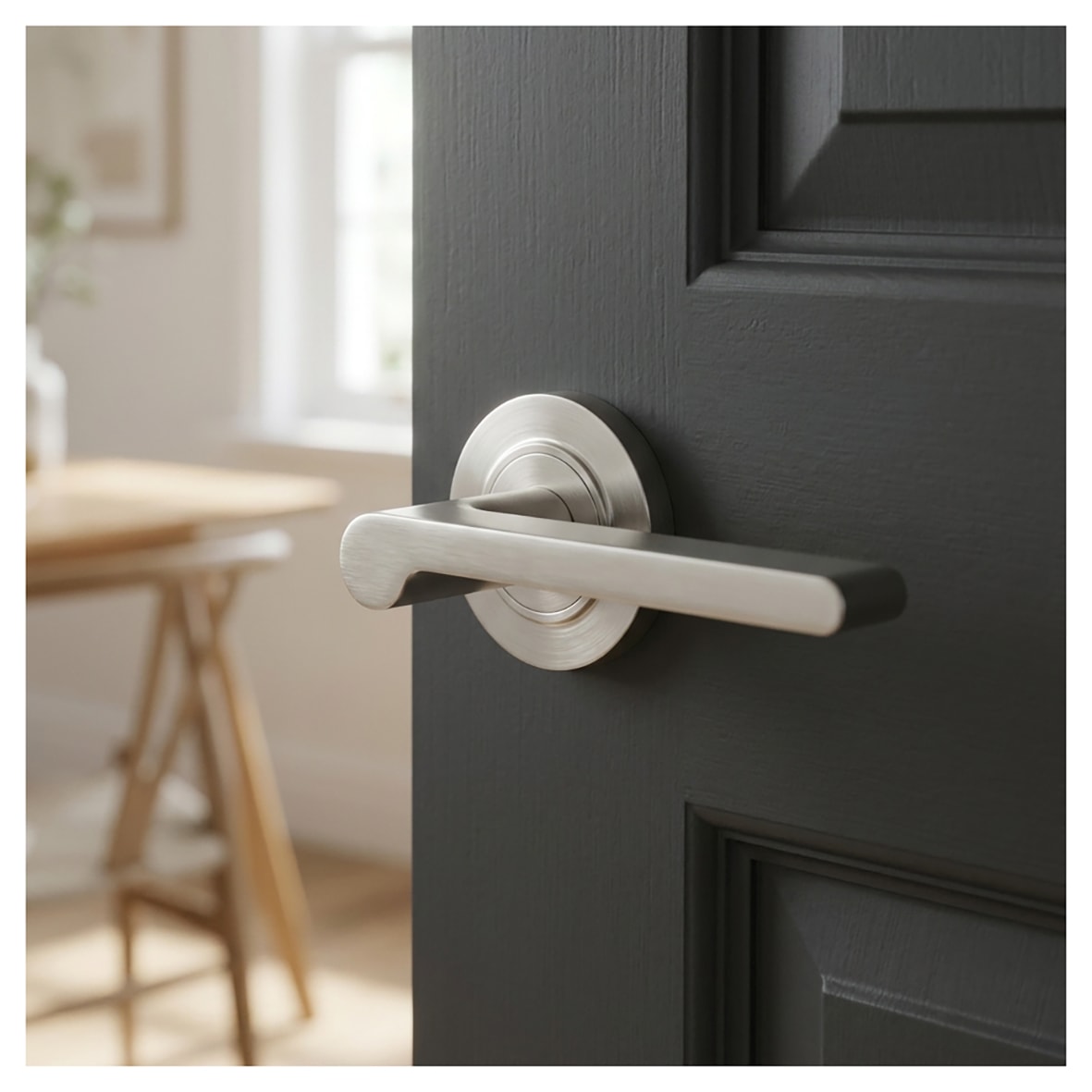Satin Nickel Fire Rated Door Handles on Round Chamfered Rose - Fitzrovia Range - view 2