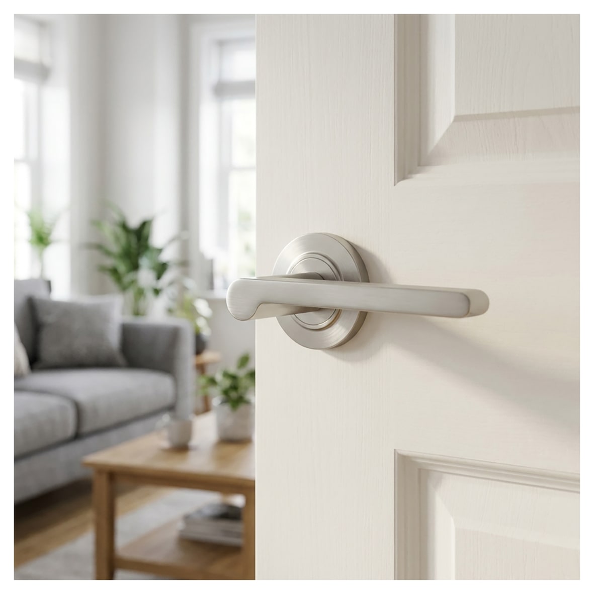 Satin Nickel Fire Rated Door Handles on Round Chamfered Rose - Fitzrovia Range - view 3