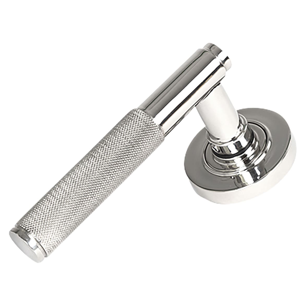 Polished Stainless Steel Knurled Door Handles on Round Rose - Brompton Range - view 2