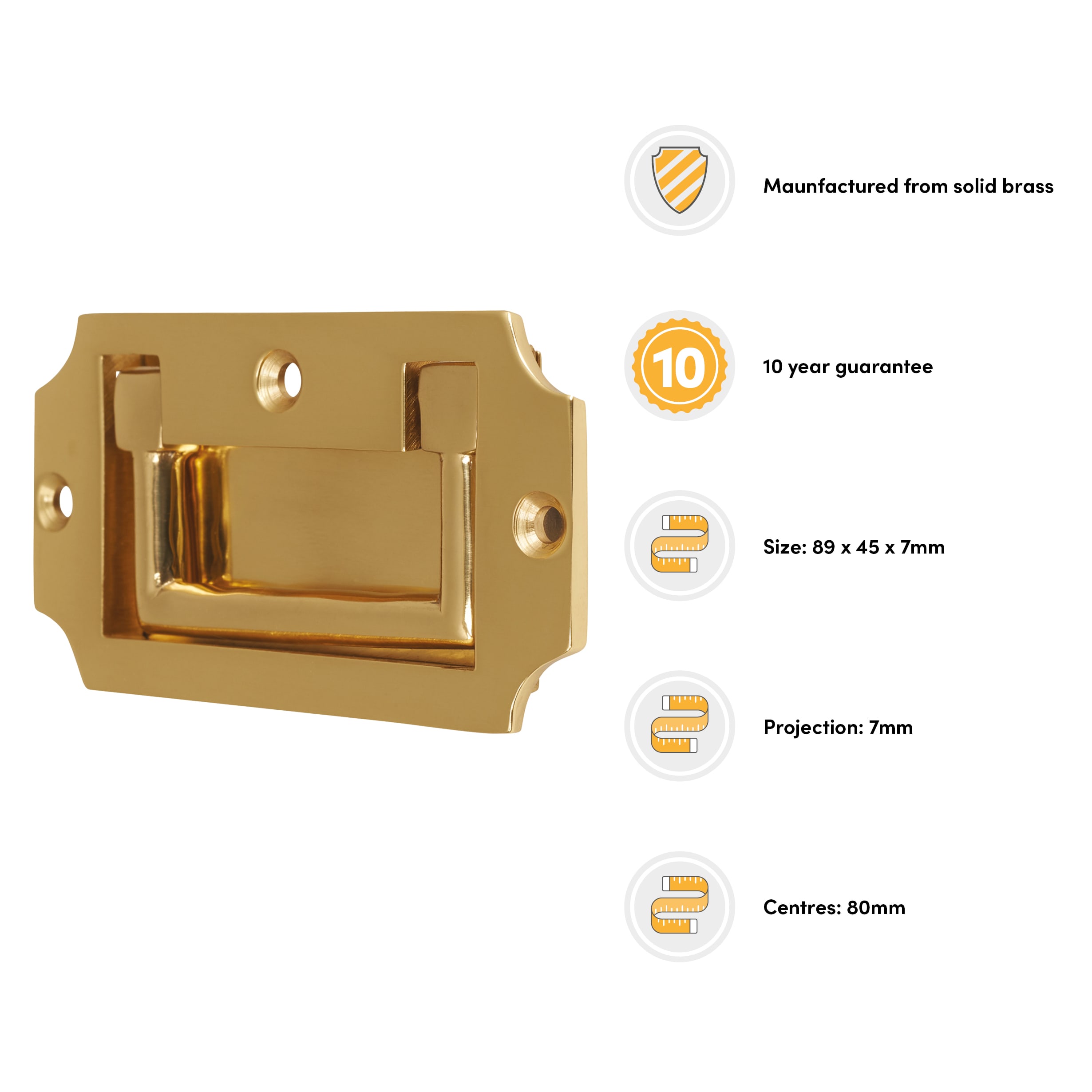 Military Chest Flush Cabinet Pull Handle - 89 x 45mm - Polished Brass - view 3