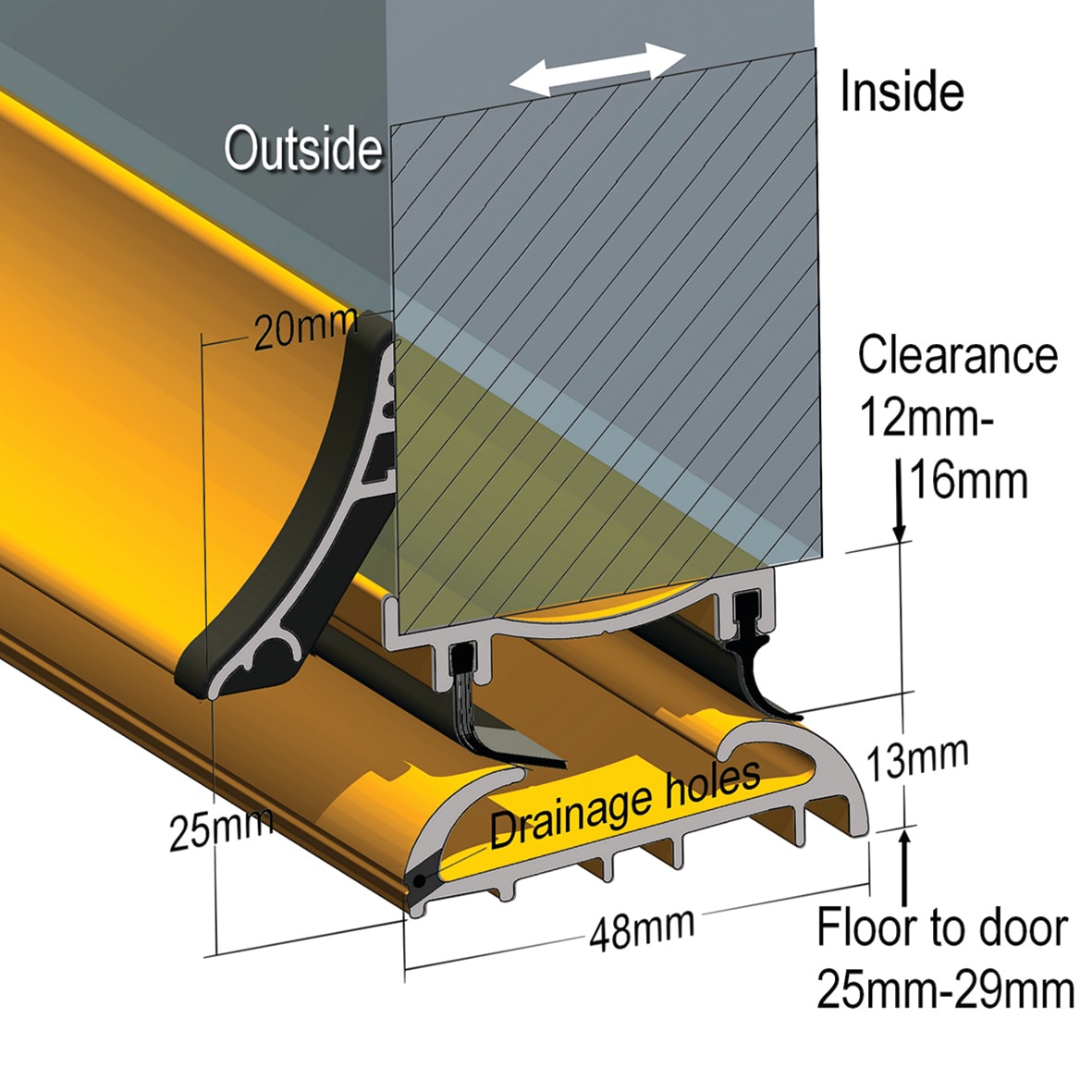 Trimline 25 3-Part Threshold - 914mm Length - Inward/Outward Opening Doors - Mill Silver - view 2