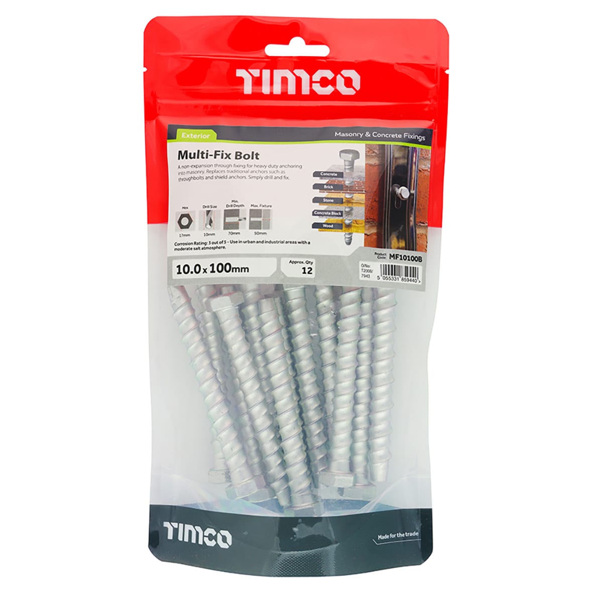 Masonry Bolt - Hex Head - 10 x 100mm - Pack of 12 - view 3
