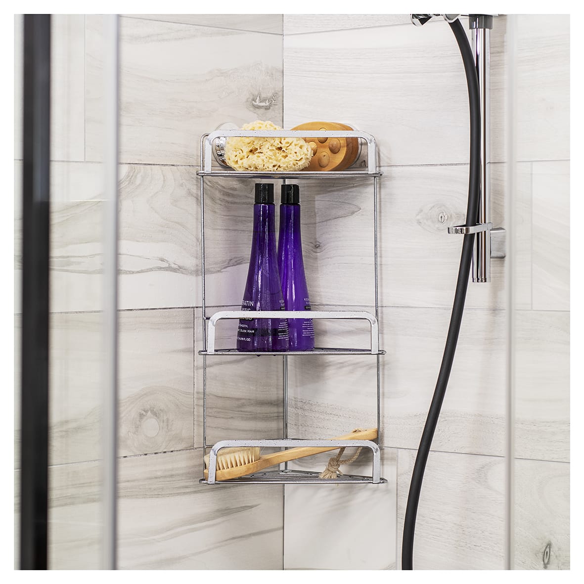 Stick 'N' Lock Corner Shower Basket - Three Tier - 536 x 260 x 166mm - Polished Chrome - view 4