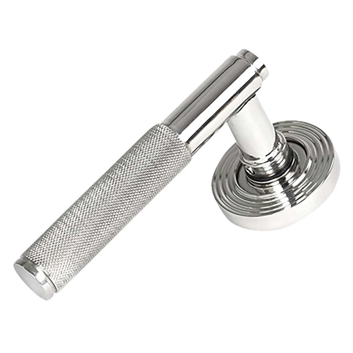 Polished Stainless Steel Knurled Door Handles on Round Beehive Rose - Brompton Range - view 2