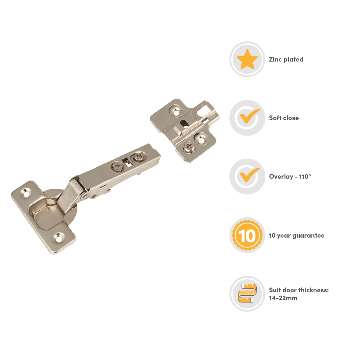 Clip-On Soft Close Cabinet Hinge - 110° - Overlay - Zinc Plated - Pair - view 3