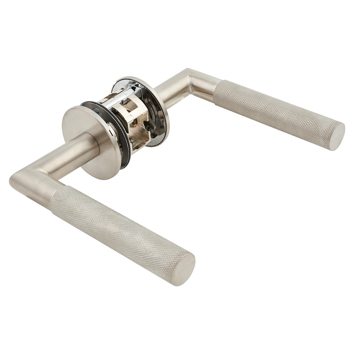 Satin Stainless Steel Knurled Door Handles on Round Slim Rose - Schema Modell Range - view 4