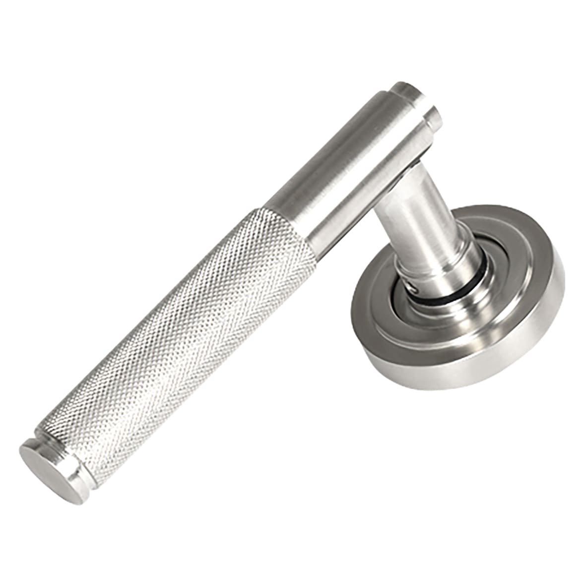 Satin Stainless Steel Knurled Door Handles on Round Art Deco Rose - Brompton Range - view 2