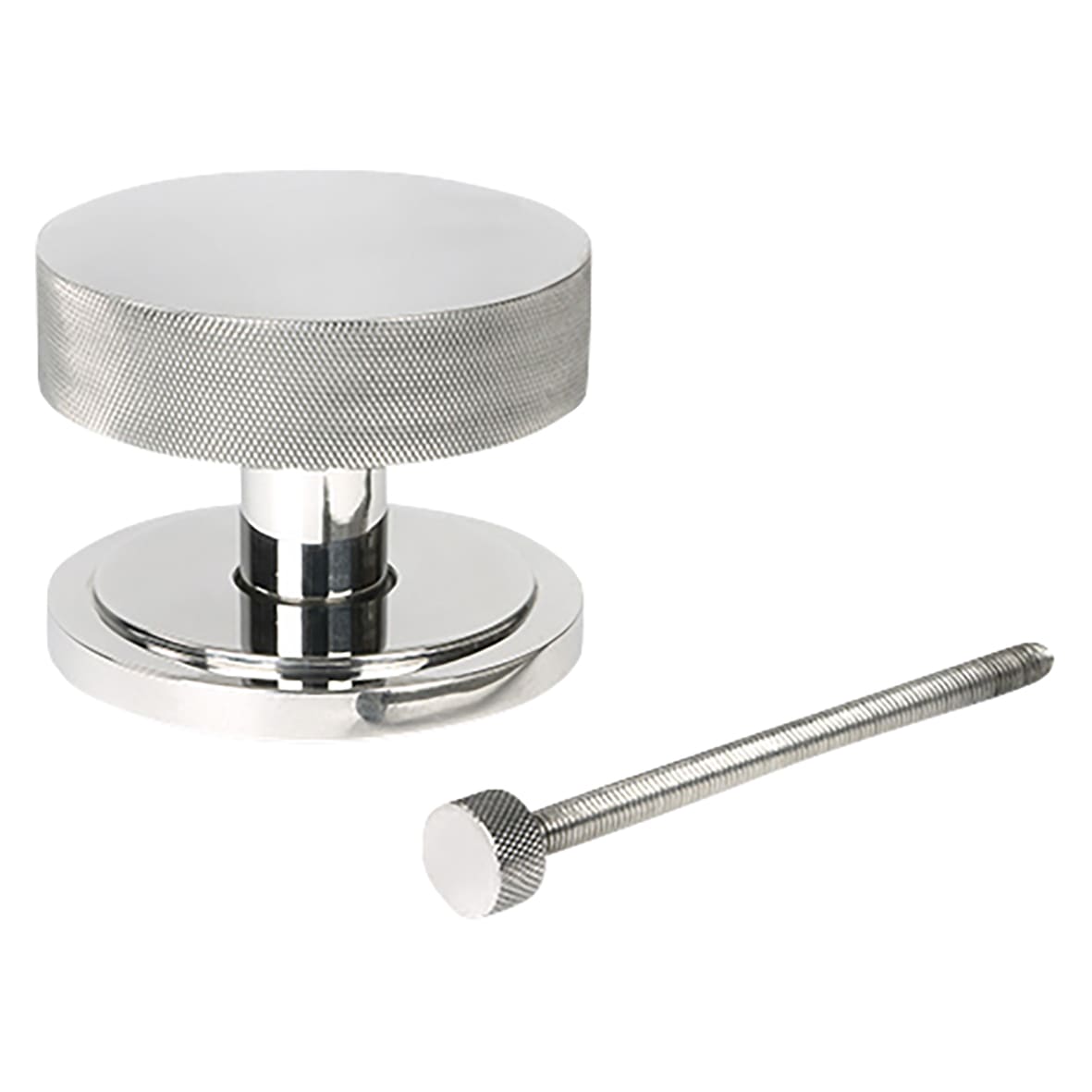 Brompton Polished Stainless Round Knurled Centre Door Knob on Art Deco Rose - 90mm Rose - view 2