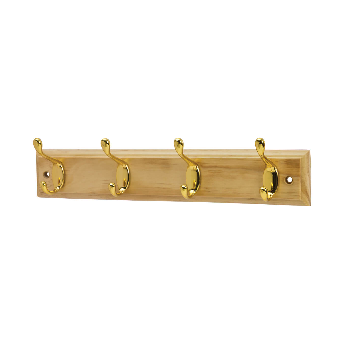 Hat & Coat Hook Rail - 400 x 20 x 71mm - 4 Hooks - Pine Board with Polished Brass Hooks - view 2
