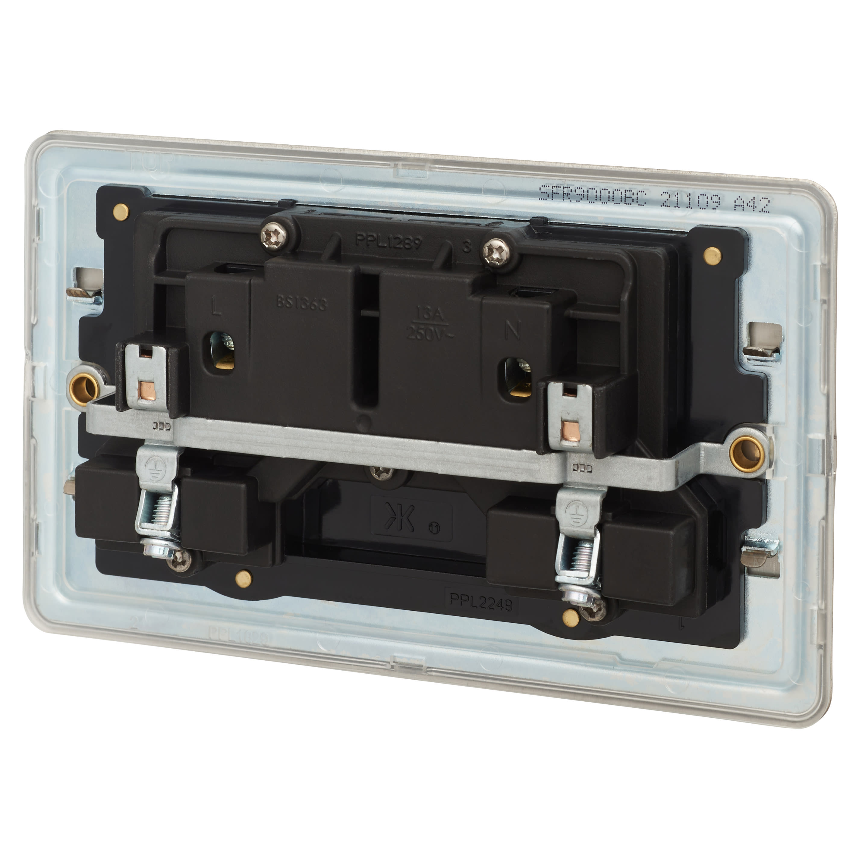 13A 2 Gang Screwless Flat Plate Switched DP Socket - Brushed Chrome with Black Insert - view 3