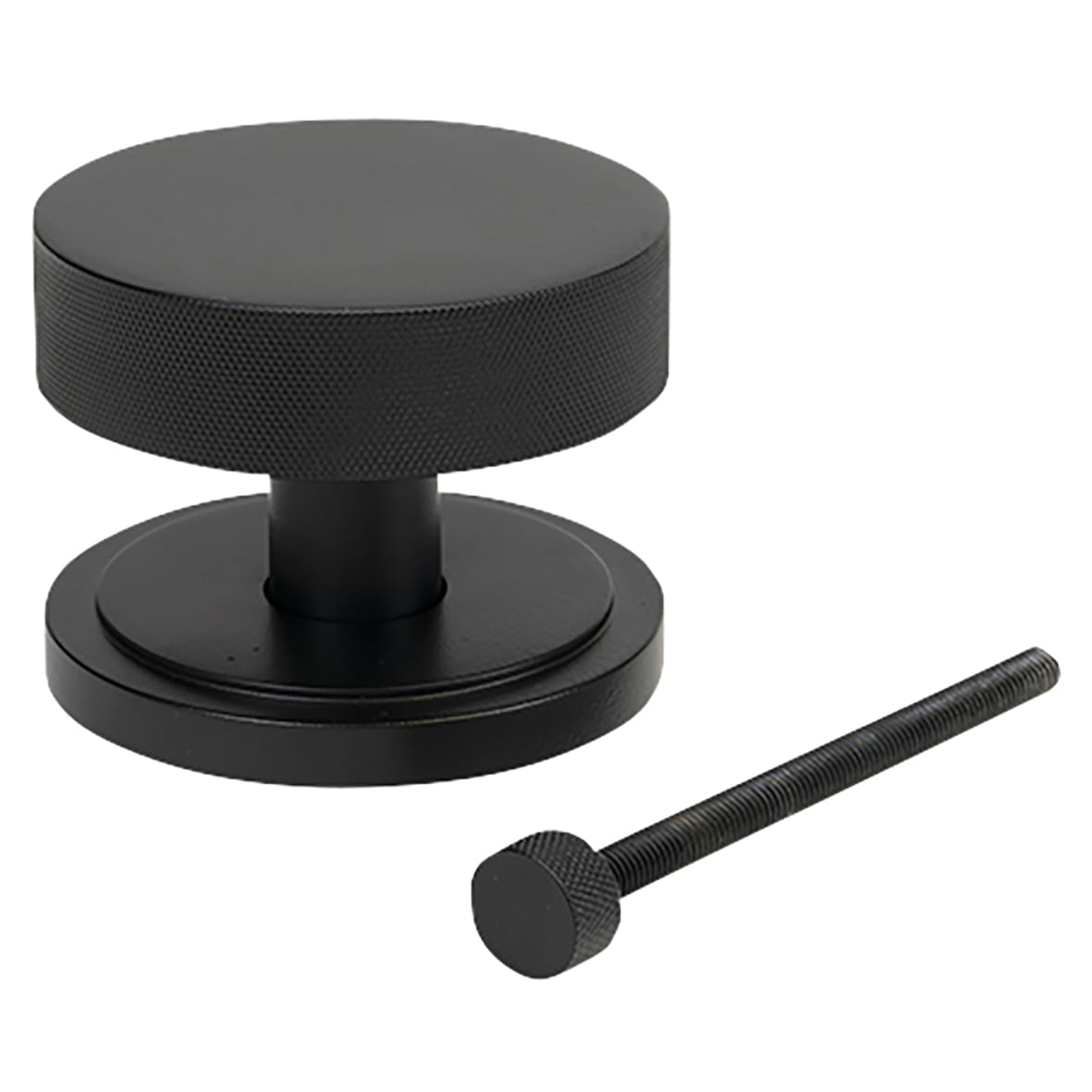 Brompton Matt Black Round Knurled Centre Door Knob on Art Deco Rose - 90mm Rose Diameter - view 2