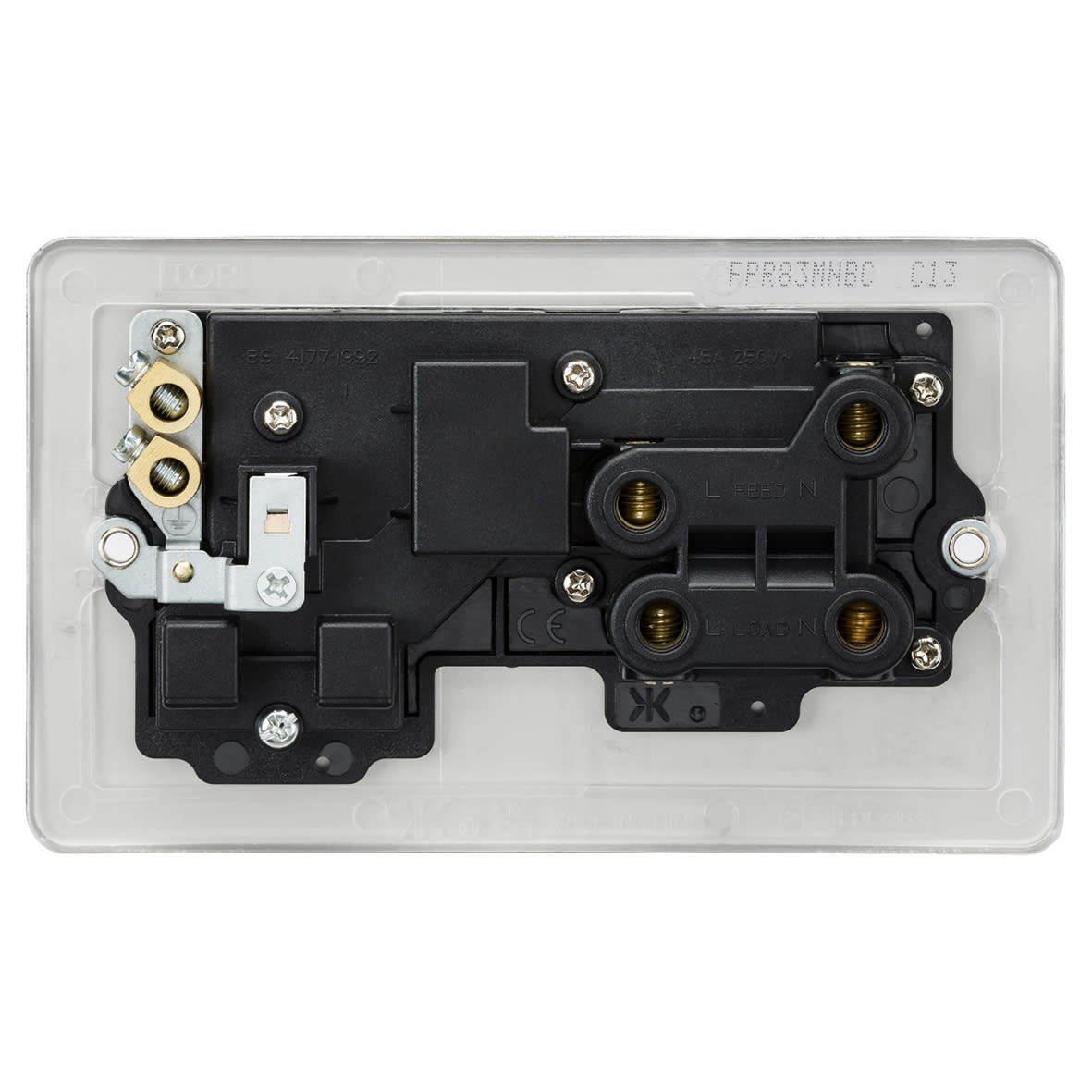 45A Flat Plate DP Cooker Switch & 13A Socket with Neons - Brushed Chrome/Black Insert - view 3