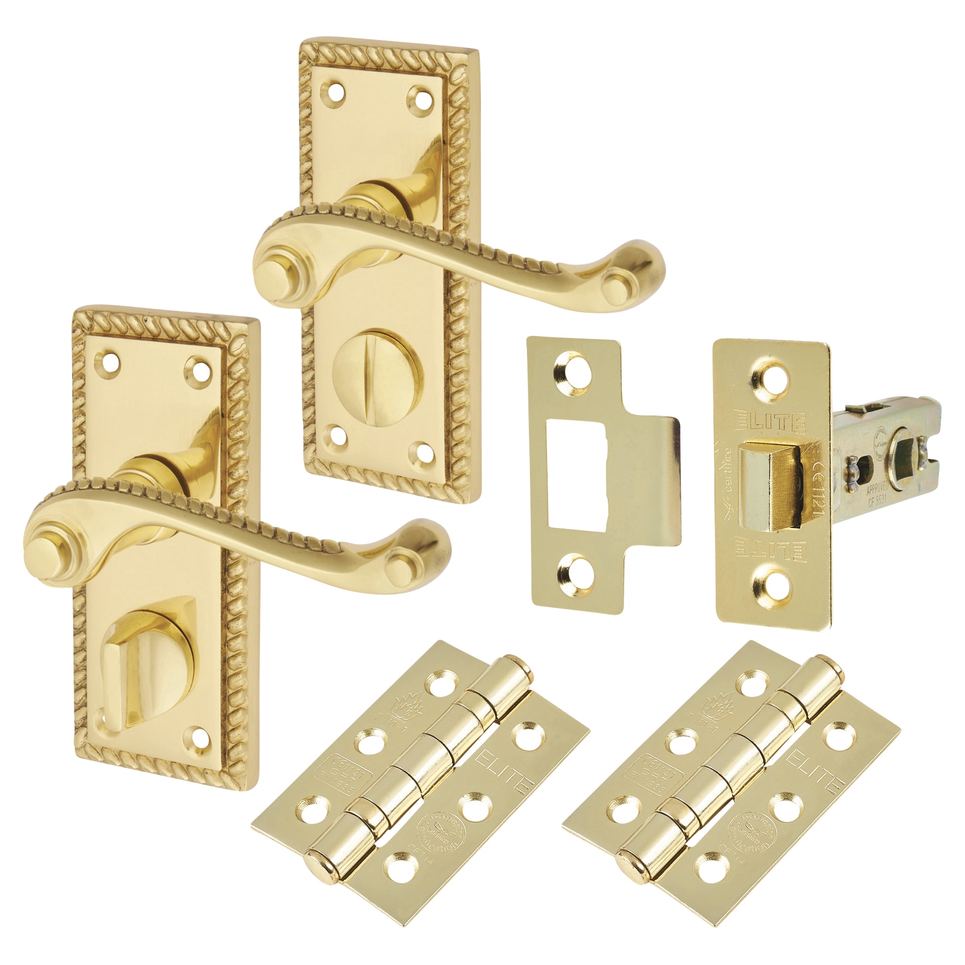 Polished Brass Georgian Rope Edge Scroll Privacy Latch Door Handles Pack - Short Plate - view 2