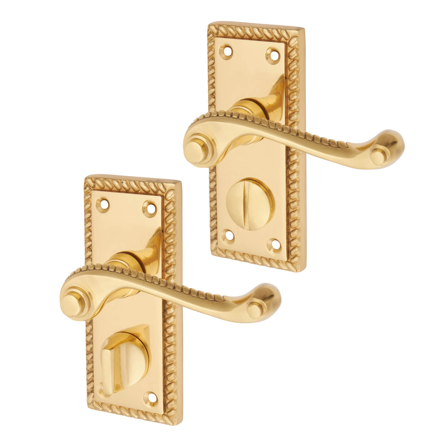 Polished Brass Georgian Rope Edge Scroll Privacy Latch Door Handles Pack - Short Plate - view 3