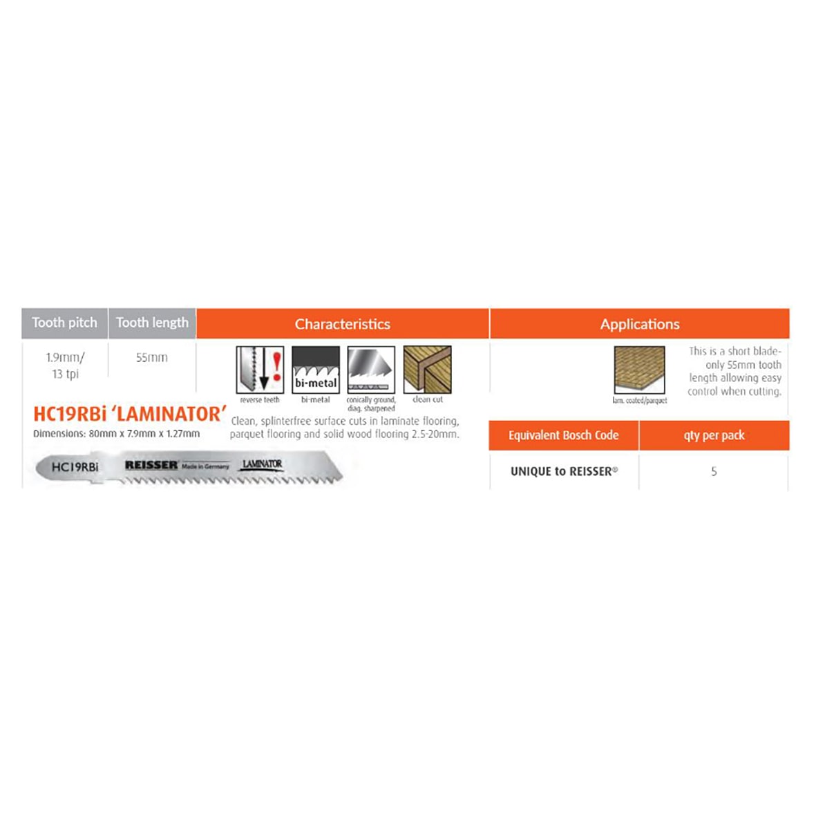 Laminator Jigsaw Blade for Wood - 80 x 7.9 x 1.27mm - 13 TPI - Pack of 5 - view 2