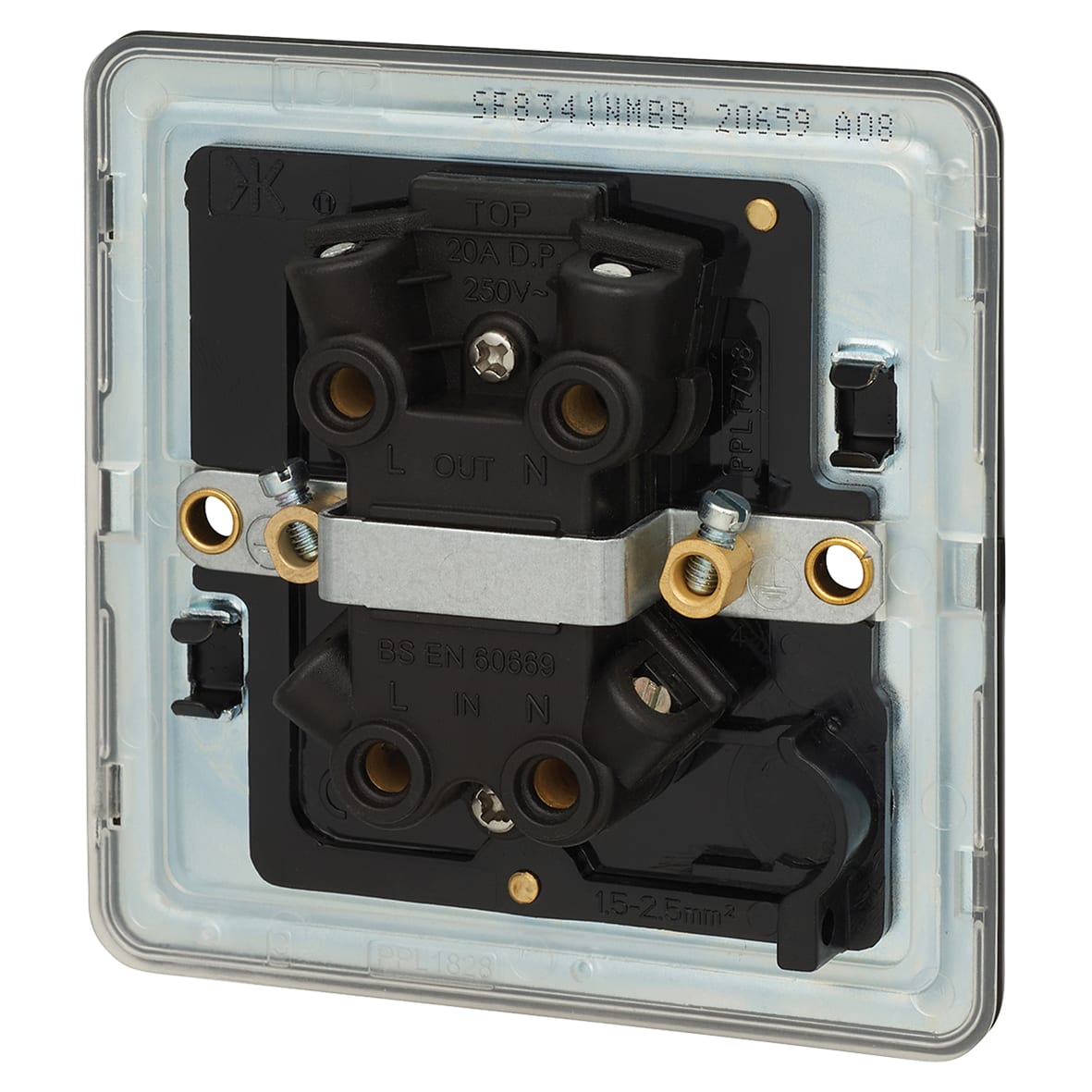 20A 1 Gang Double Pole Screwless Flat Plate Appliance Switch with Neon - Matt Black - view 2